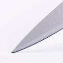 Close-up of the pointed tip of the Messermeister Custom Blue Paring Knife - 3.5" by Messermeister on a white background, showcasing its sharpness and ideal design for precise kitchen tasks.