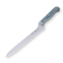 The Messermeister Custom Blue Scalloped Offset Knife - 8" features a light blue wooden handle with silver rivets and a straight, scalloped blade with a pointed tip for precise slicing.