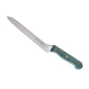 The Messermeister Custom Blue Scalloped Offset Knife - 8" features a long stainless steel blade with a scalloped edge and an offset blue handle, shown on a white background.
