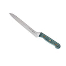 The Messermeister Custom Blue Scalloped Offset Knife - 8" features a long silver blade with a scalloped edge and a blue handle accented by three brass rivets, shown on a white background.