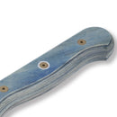 Close-up of the Messermeister Custom Blue Scalloped Offset Knife - 8" handle, featuring a blue layered wood texture, two metal rivets, and a smooth, curved design.