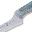Close-up of the Messermeister Custom Blue Scalloped Offset Knife - 8" with a blue and white layered handle, brass rivet, and scalloped blade engraved with Solingen, Germany, and logo.