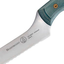 Close-up of the Messermeister Custom Blue Scalloped Offset Knife - 8" shows its engraved blade, blue handle with rivet, and scalloped edge for precise slicing.