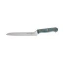 The Messermeister Custom Blue Scalloped Offset Knife - 8", by Messermeister, features a serrated silver blade and a blue handle, displayed against a plain white background.