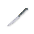 The Messermeister Custom Blue 4 Piece Steak Knife Set by Messermeister rests on a white background, featuring silver blades with Ceramic Stonewashed Coating and elegantly curved, dark wooden handles.