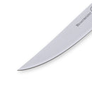 Close-up of a Messermeister Custom Blue 4 Piece Steak Knife, featuring a sharp stainless steel blade with the Messermeister logo engraved on the side, displayed against a plain white background.