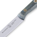 A close-up of the Messermeister Custom Blue 4 Piece Steak Knife Set displays its polished wood handles, stainless steel blades with engraved branding near the handle, highlighting the refined look of these premium knives.