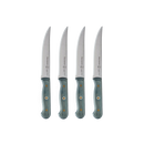 Four Messermeister Custom Blue steak knives with silver blades and teal handles accented by brass rivets are arranged vertically side by side on a plain white background.