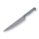 The Messermeister Custom Blue Utility Knife - 6" features a sharp stainless steel blade and a blue wooden handle, displayed on a white background.