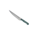 The Messermeister Custom Blue Utility Knife - 6" features a silver blade and blue-green handle with two brass rivets, and is displayed on a white background.