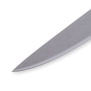 A close-up of the pointed tip of the Messermeister Custom Blue Utility Knife - 6", shown diagonally on a white background.