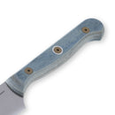 Close-up of the Messermeister Custom Blue Utility Knife - 6", featuring a blue and gray laminated wood handle with two metal rivets. The partially visible blade is perfect for precise kitchen prep tasks.
