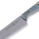 Close-up of a Messermeister Custom Blue Utility Knife - 6" with a blue-gray handle and stainless steel blade, showing the Messermeister brand name and logo engraved near the handle.