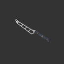 The Messermeister Custom Cheese & Tomato Knife - 5" features a forked tip, openwork stainless steel blade, and dark textured handle, showcased against a plain dark background.