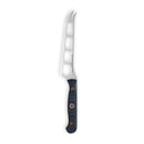 The Messermeister Custom Cheese & Tomato Knife - 5" features a serrated blade, tip prongs, cut-out holes, and a textured dark handle—ideal for slicing cheese and tomatoes—shown here on a white background.