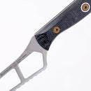 Close-up of the Messermeister Custom Cheese & Tomato Knife - 5" handle with two brass rivets and a partially skeletonized cold-rolled steel blade, displaying the Messermeister brand and Solingen, Germany engraved on the metal.