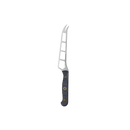 The Messermeister Custom Cheese & Tomato Knife - 5" features cold-rolled steel, a black handle, three blade cut-outs to prevent sticking, and a pointed forked tip for easy slicing and serving.
