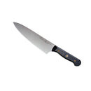 The Messermeister Custom Chef's Knife - 8" features a stainless steel blade, ergonomic black handle with brass rivets, and is ideal for various kitchen tasks. Shown against a white background.