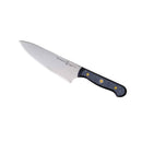 The Messermeister Custom Chef's Knife - 8" by Messermeister features a sharp all-purpose stainless steel blade and a dark ergonomic handle with gold rivets, displayed on a plain white background.