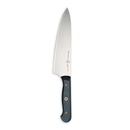 The Messermeister Custom Chef's Knife - 8" features a broad, all-purpose stainless steel blade and a dark ergonomic handle with two brass rivets, shown on a white background.