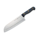 The Messermeister Custom Kullens Santoku Knife - 7" features a black handle and stainless steel blade with scalloped indentations, shown on a white background.