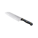 The Messermeister Custom Kullens Santoku Knife - 7" features a stainless steel blade with hollow edges and a black handle, displayed on a white background. The blade bears the "Messermeister" logo and text.