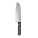 The Messermeister Custom Kullens Santoku Knife - 7" features a silver kullens blade with scalloped edges and a dark, textured handle with two brass rivets, displayed against a white background.