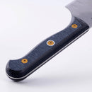 Close-up of the Messermeister Custom Kullens Santoku Knife - 7" handle with a textured dark surface, two brass screws, and one silver rivet, shown against a plain white background.