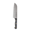 The Messermeister Custom Kullens Santoku Knife - 7", featuring a black handle with two brass rivets and a kullens (oval indented) stainless steel blade, is shown on a plain white background.