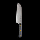 The Messermeister Custom Kullens Santoku Knife - 7" features a silver kullens blade with dimples and a black handle with gold rivets, showcased against a dramatic black background.