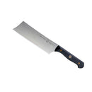 The Messermeister Custom Nakiri Knife - 6.5" features a large silver rectangular blade and black handle, shown on a white background. Its Japanese-inspired straight edge ensures precise vegetable prep, chopping, and slicing.
