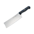 The Messermeister Custom Nakiri Knife - 6.5" features a large, rectangular blade inspired by Japanese design, with a black textured handle and visible rivets. Displayed on white, the blade is engraved with the Messermeister brand—perfect for prepping vegetables.