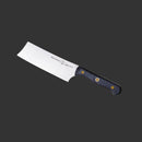 The Messermeister Custom Nakiri Knife - 6.5" features a wide, rectangular stainless steel blade and black textured handle, inspired by Japanese design—perfect for precise vegetable prep against a dark background.