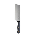 The Messermeister Custom Nakiri Knife - 6.5" features a wide, rectangular stainless steel blade and a black handle with brass rivets—ideal for efficient vegetable prep and shown against a plain white background.