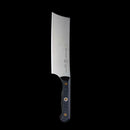 The Messermeister Custom Nakiri Knife - 6.5" features a large rectangular blade, black handle with two rivets, and classic Japanese design—ideal for precise vegetable prep, beautifully displayed against a solid black background.