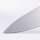 Close-up of the finely honed tip and edge from a Messermeister Custom Next Level stainless steel knife, highlighting the expert craftsmanship of Messermeister precision cutting knives from the 5-Piece Magnetic Knife Block Set, shown against a white background.