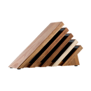 The Messermeister Custom Next Level 5-Piece Magnetic Knife Block Set by Messermeister features a modern, angled design crafted from light and dark wood, with five magnetic slots for organized kitchen storage, and is shown on a white background.