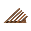 The Messermeister Oliva Elite 11-Piece Next Level Knife Block Set includes a modern, angled wooden block with four knife slots, crafted from rich dark wood. Displayed against a white background, its sleek slanted design is made to complement and elevate any kitchen décor.