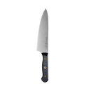 The Messermeister Custom Next Level 5-Piece Magnetic Knife Block Set features a stainless steel chef’s knife with a black handle and two metal rivets, showcased on a plain white background—an essential Messermeister addition for organized kitchen storage.