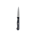A Messermeister Custom Next Level 5-Piece Magnetic Knife Block Set showcases a stainless steel knife with a pointed blade and a dark, dual-riveted handle, elegantly displayed against a plain white background—an essential for organized kitchen storage.