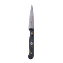 The Messermeister Custom Paring Knife - 3.5" features a pointed cold-rolled steel blade and black textured handle with three brass rivets, shown on a white background—ideal for precision prep.
