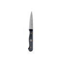 The Messermeister Custom Paring Knife - 3.5" features a pointed cold-rolled steel blade and a black handle, shown on a white background—ideal for precise prep work in any kitchen.