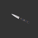 A Messermeister Custom Paring Knife - 3.5", featuring a cold-rolled steel blade and dark textured handle, is centered on a plain dark gray background—perfect for precision prep.