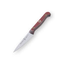 The Messermeister Custom Red Paring Knife - 3.5" features a pointed stainless steel blade and a red wooden handle. This ergonomic kitchen knife by Messermeister is shown on a white background.