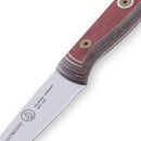 Close-up of the Messermeister Custom Red Paring Knife - 3.5", highlighting the blade with engraved text and logo, and a wooden handle featuring visible grain and brass rivets. The blade reads "Solingen, Germany.