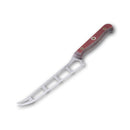 The Messermeister Custom Red Cheese & Tomato Knife - 5" features a long, narrow blade with rectangular cutouts, a forked tip, and a reddish-brown handle. Ideal for charcuterie boards. Displayed on a white background.