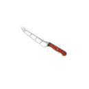 The Messermeister Custom Red Cheese & Tomato Knife - 5" features a stainless steel blade with large cutouts, a forked tip, and a wooden handle by Messermeister, shown isolated on a white background.