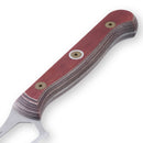 Close-up of the Messermeister Custom Red Cheese & Tomato Knife - 5" handle, featuring layered brown and tan wood with two rivets. The ergonomic, curved shape ensures comfort and a secure connection to the blade.