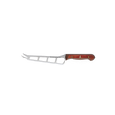 The Messermeister Custom Red Cheese & Tomato Knife - 5" features a wood handle, stainless steel blade with rectangular cutouts to prevent sticking—perfect for stylishly slicing cheese and tomatoes on your charcuterie board.