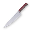 The Messermeister Custom Red Chef's Knife - 8" features a stainless steel, cold-rolled blade and an ergonomic wooden handle with two metal rivets, shown on a white background.